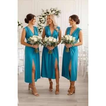 Set 5 bucati Rochie lunga satinata Ilaria, cu crapatura pe picior, Turquoise, Marime S/M