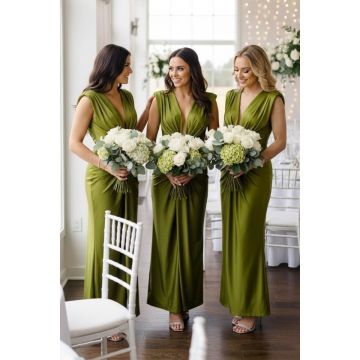 Set 5x Rochie lunga satinata Ilaria, cu croiala conica, Verde olive, Marime S/M