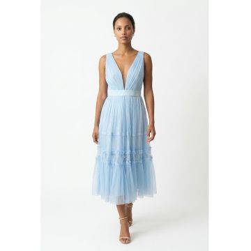 ambar stidio - Rochie midi din matase si dantela Amza - Albastru deschis