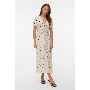 Rochie-camasa cu cordon in talie cu buline - Alb fildes/Negru