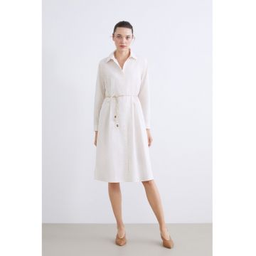 Rochie-camasa cu model in dungi si guler clasic - Crem