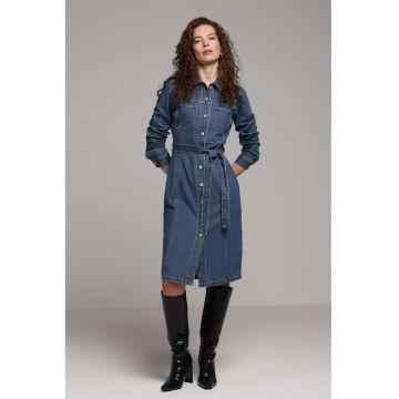 Rochie-camasa din denim cu cordon - Albastru