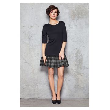 Rochie cambrata -  S - Gri - carouri clasice - maneci scurte - lungime midi - accentueaza talia - material elastic - stil office sofisticat