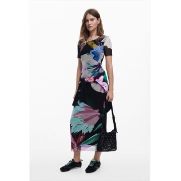 Rochie cu imprimeu floral si maneci scurte - Verde/Negru/Albastru glaciar