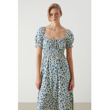 Rochie cu maneci scurte si imprimeu floral - Bej/Albastru