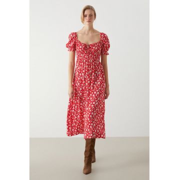Rochie cu maneci scurte si imprimeu floral - Rosu/Alb