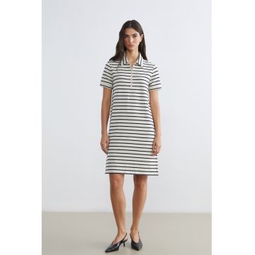 Rochie cu model in dungi si maneci scurte - Alb/Bleumarin