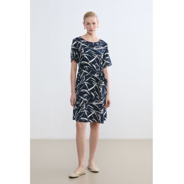 Rochie cu talie medie si decolteu rotund - Alb/Bleumarin
