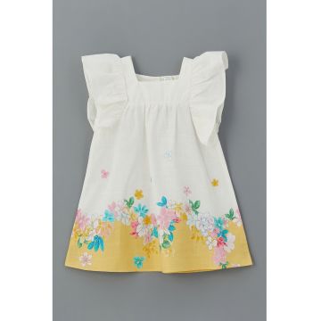 Rochie de bumbac cu model floral - Alb/Portocaliu pal