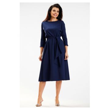 Rochie De Dama -  Model Asimetric Cu Talie Marcata - Cappuccino - 96% Poliester 4% Elastan - Rochie Midi Eleganta - Croiala Fluida Cu Slit - Tinuta Luxoasa Casual Si De Seara - Super Confortabila - Fabricata In Polonia - Design Fashion - Albastru inchis