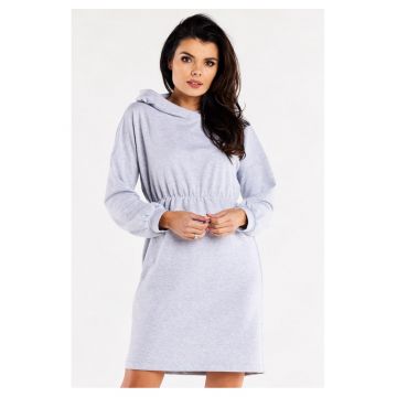 Rochie De Dama -  Model Sport Tip Hanorac Cu Gluga Si Volan - Gri - 95% Bumbac 5% Elastan - Rochie Lejera Cu Maneci Incretite - Rochii Casual De Zi Pentru Femei - Tinuta Moderna Super Confortabila - Fabricata In Polonia - Fashion Urban - Gri