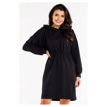 Rochie De Dama -  Model Sport Tip Hanorac Cu Gluga Si Volan - Negru - 95% Bumbac 5% Elastan - Rochie Lejera Cu Maneci Incretite - Rochii Casual De Zi Pentru Femei - Tinuta Moderna Confortabila - Fabricata In Polonia - Design Fashion Urban - Negru