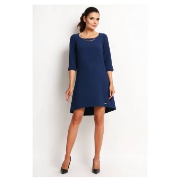 Rochie De Dama -  Model Trapez Asimetric - XL - 58% Poliester 37% Vascoza 5% Elastan - Rochie Midi Cu Maneca 3/4 - Rochii Elegante De Ocazie - Croiala Evazata Cu Spate Alungit - Fabricata In Polonia - Design Luxos Si Foarte Rafinat - Albastru inchis