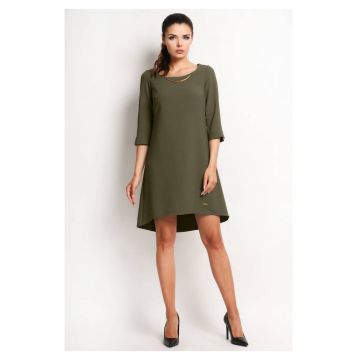 Rochie De Dama -  Model Trapez Asimetric - XL - 58% Poliester 37% Vascoza 5% Elastan - Rochie Midi Cu Maneca 3/4 - Rochii Elegante De Ocazie - Croiala Evazata Cu Spate Alungit - Fabricata In Polonia - Design Luxos Si Foarte Rafinat - Verde masliniu