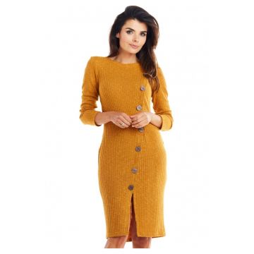 Rochie De Dama -  Model Tricotat Cu Nasturi Asimetrici - Marimea M - Camel - 65% Vascoza 32% Poliester 3% Spandex - Rochie Midi Cu Maneca 3/4 Si Slit - Rochii Elegante Office - Croiala Mulata Foarte Confortabila - Fabricata In Polonia - Design Luxos