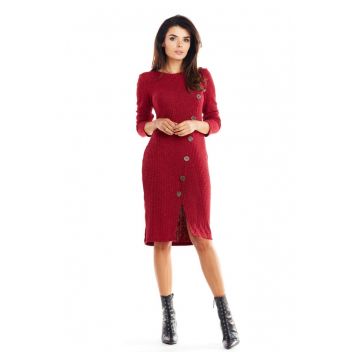 Rochie De Dama -  Model Tricotat Cu Nasturi Asimetrici - Marimea S - Bordo - 65% Vascoza 32% Poliester 3% Spandex - Rochie Midi Cu Maneca 3/4 Si Slit - Rochii Elegante Office - Croiala Mulata Foarte Confortabila - Fabricata In Polonia - Design Luxos