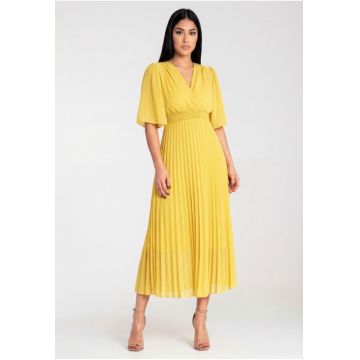 Rochie de dama  plisata - galben - material vaporos - cu decolteu petrecut - maneca scurta tip fluture -