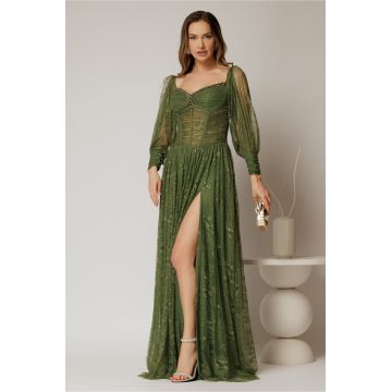 Rochie de seara kaki din dantela cu decolteu tip corset