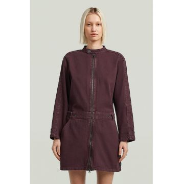 Rochie din denim cu fermoar si maneci lungi - Visiniu