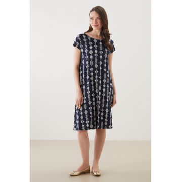 Rochie dreapta cu model - Alb/Albastru ultramarin