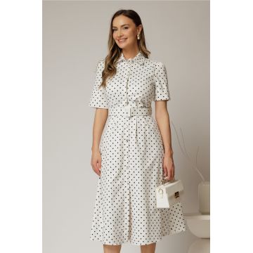Rochie DY Fashion alba cu buline tip camasa si curea in talie