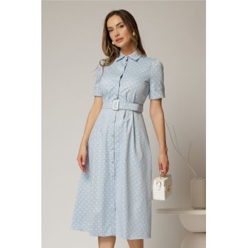 Rochie DY Fashion bleu cu buline tip camasa si curea in talie