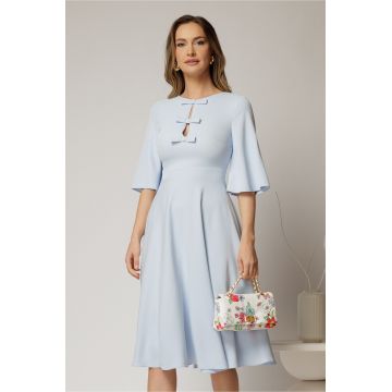 Rochie DY Fashion midi bleu cu maneci evazate si funde pe bust