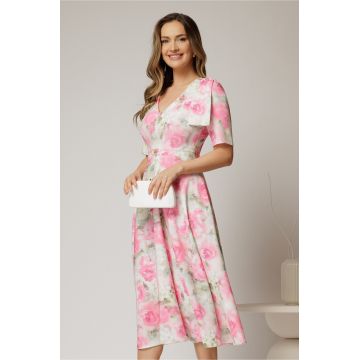 Rochie DY Fashion midi clos cu funda pe umar si print roz