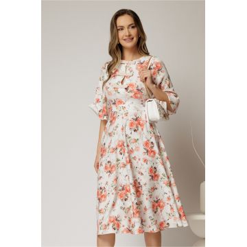 Rochie DY Fashion midi cu imprimeu oranj cu maneci evazate si funde pe bust