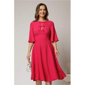 Rochie DY Fashion midi fucsia cu maneci evazate si funde pe bust