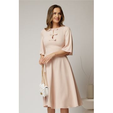 Rochie DY Fashion midi roz cu maneci evazate si funde pe bust