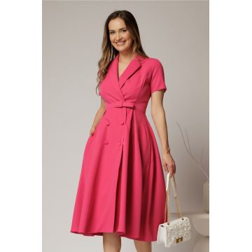 Rochie DY Fashion midi roz zmeura cu decolteu petrecut si curea in talie