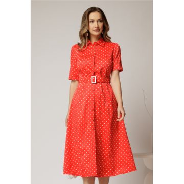 Rochie DY Fashion rosie cu buline tip camasa si curea in talie