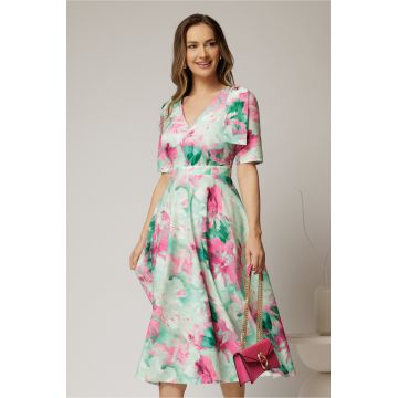 Rochie DYFashion midi clos cu funda pe umar si print verde si fucsia