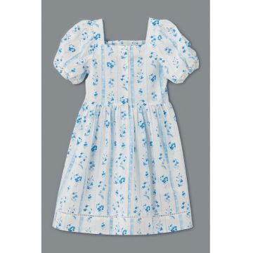 Rochie evazata cu maneci bufante - Alb/Albastru