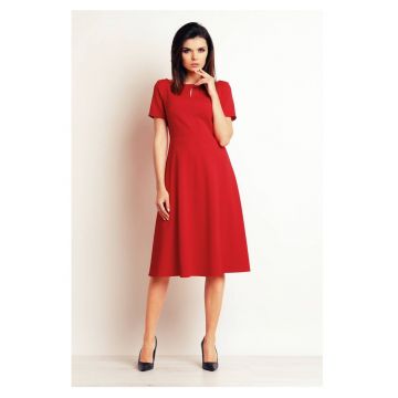 Rochie evazata -  Rosu - midi - maneci scurte - tricot elastic - ofera libertate de miscare - silueta feminina - stil elegant - Rosu