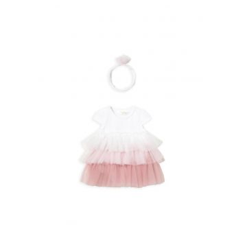 Rochie fete -  maneca scurta - alb - roz - 70% poliester - 27% bumbac - 3% elastan