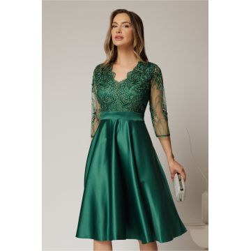 Rochie Inna midi verde din tafta in clos cu dantela la bust
