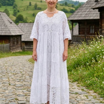Rochie lunga alba din dantela si bumbac ,   model elegant vaporoasa