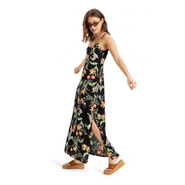 Rochie lunga cu model si slit lateral - Verde/Negru/Portocaliu