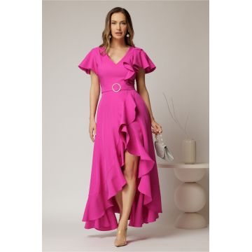 Rochie lunga de ocazie din stofa fucsia cu volane si cordon in talie