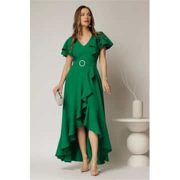 Rochie lunga de ocazie din stofa verde cu volane si cordon in talie