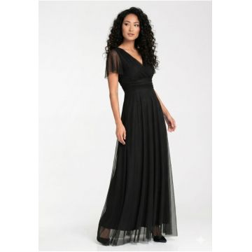 Rochie lunga  decolteu in V - maneci scurte transparente - neagra - tul