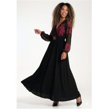 Rochie lunga  decolteu in V - maneci transparente - negru cu rosu