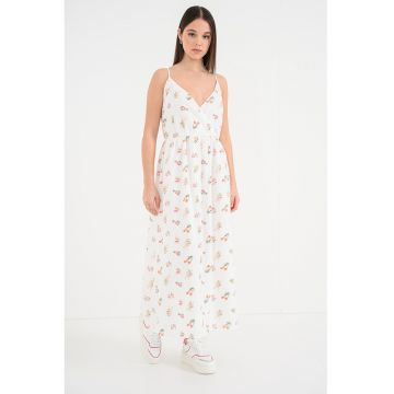 Rochie lunga din bumbac organic cu model si decolteu cache-coeur - Alb/Verde/Roz