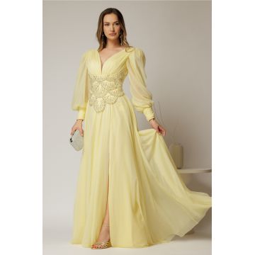 Rochie lunga galbena de seara din tull cu corset cu strassuri aplicate