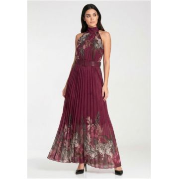 Rochie lunga  plisata - imprimeu floral si animal print - burgundy - talie cu cordon