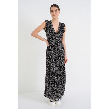 Rochie maxi cu decolteu in V Easy - Negru/Alb murdar
