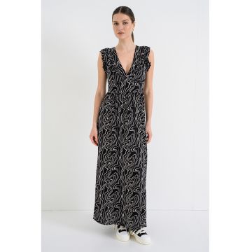 Rochie maxi cu decolteu in V Easy - Negru/Alb murdar