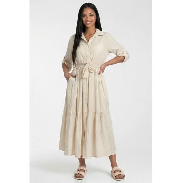 Rochie maxi  M1312 - bej - croiala evazata - maneci 3/4 - material din viscoza